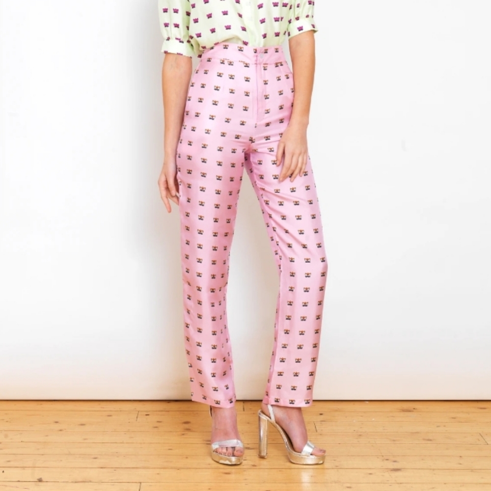 Lisou 100% Silk Salome Pink Lily Print Trousers